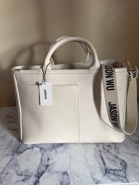 Jason Wu White Croc-Embossed Leather Satchel with Branded Canvas Strap
